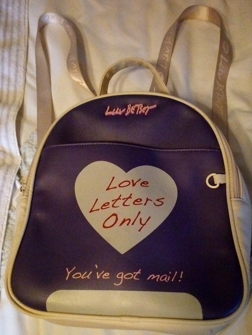 Betsey Johnson Purple and Cream "Love Letters Only" Heart Backpack Back Pack Sz